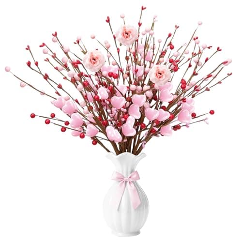 MYUPDALIN Valentines Day Decorations 25Pcs Pink Heart Berry Picks with Red Berries - Artificial Floral Stems for Valentine's Day Decor, Wedding Centerpieces, Romantic Dinner & Anniversary Party - Image 1