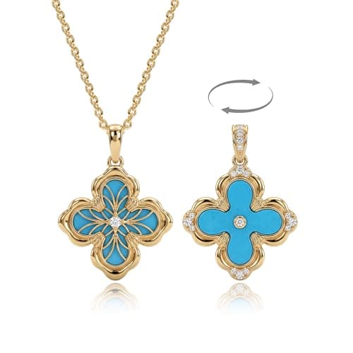 Fettero Dainty Gold Necklace for Women - Double Sided Pendant Necklace 14K Gold Plated Charm Clover Necklace Gold Plated Jewelry -Turquoise - Image 1