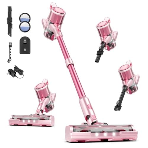 Vaconly Cordless Vacuum Cleaner, 8 in 1 40Kpa 55Mins,Lightweight Vacuum Cleaners for Home, Stick Vacuum with Anti-Tangle Brush,Wall Mount, Rechargeable Cordless Vacuum for Floor/Sofa/Pet Hair,Pink - Image 1