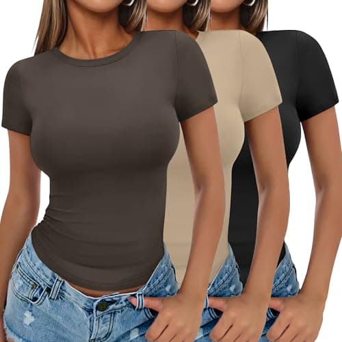 Ekouaer T Shirts for Women Slim Fit Tops Crew Neck Tees Trendy Clothes Base Layer Black/Khaki/Brown XS - Image 1