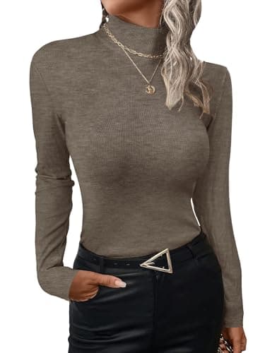 UEAL Mock Turtle Necks Tops for Women Under Scrub Long Sleeve Thermal Shirts Small Coffee-A - Image 1