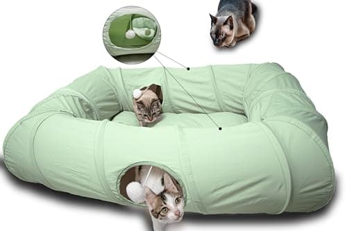 XxingSheep 4 Ways Shuttled XL Cat Tunnel Bed for Indoor Cats Peekaboo Cat Cave Donut with Cool Mat (Green) - Image 1