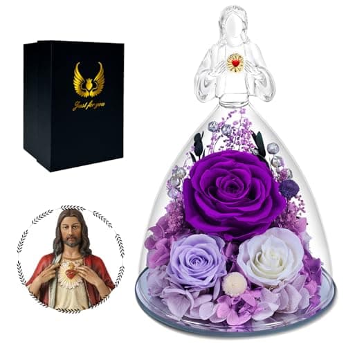 Tyvouflo Gift for Mom Preserved Rose Birthday for Her Women Forever Flower in Glass with Sacred Heart Figurine Anniversary for Wife,Girlfriend,Home Decor,Women,Eternal Colorful Roses - Image 1