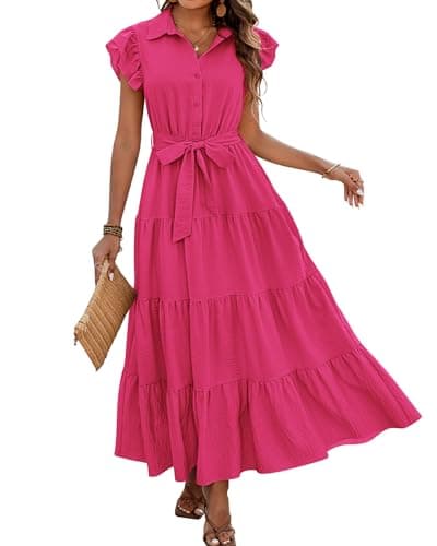 dowerme Women's Summer Casual Dresses 2026 Cap Ruffle Sleeve V Neck Button Belted Tiered Boho Maxi Dress with Pockets(Rose Red,Medium) - Image 1