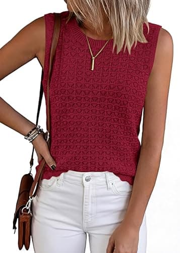 KIRUNDO Sweater Vest Women Crochet Tank Tops 2026 Spring Summer Sleeveless Knit Pullover Beach Cover Up Vacation Outfits (Red, XX-Large) - Image 1