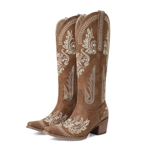CELNEPHO Cowboy Boots for Women Wide Calf Knee High Brown Cowgirl Boots Western Embroidered Rhinestones Chunky Heel Pointed Toe Retro Country Vintage Fashion Tall Boot,Size 10 - Image 1