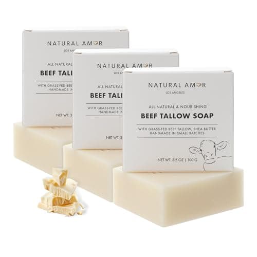 Natural Amor Beef Tallow Soap Bar 3 Pack, Handmade with Organic Grass-Fed Beef Tallow, Shea Butter, Coconut Oil, Natural Soap for Dry or Sensitive Skin Fragrance-Free, 3.5oz Each - Image 1