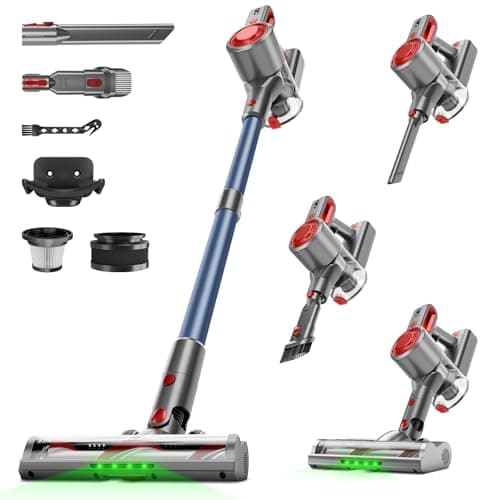 Honki Cordless Vacuum Cleaner for Home, Powerful Stick Vacuum with Rechargeable Battery, Green Light Anti-Tangle Brush, 6-in-1 Lightweight Handheld Vacuum for Pet Hair, Hard Floor, Carpet, Red - Image 1