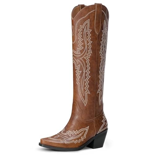 LeunDen Brown Cowboy Boots for Women, Knee High Cowgirl Boots Women with Pointed Toe, Block Heel Embroidery Western Boots Tall Long Boots Size 7 - Image 1