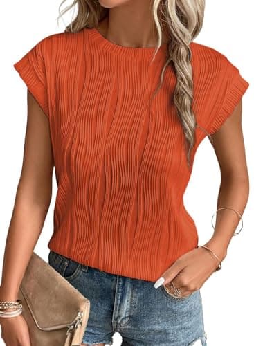 EVALESS Women's 2026 Spring Summer Short Sleeve T Shirts Fashion Trendy Casual Round Neck Knit Textured Tops Tunic Blouses Clothes Orange XX-Large - Image 1