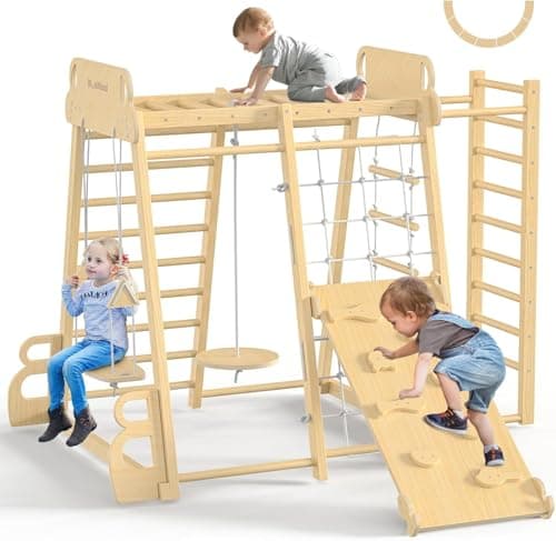 BlueWood Upgraded Indoor Jungle Gym 9-in-1 Playground Kids Climbing Toys, Waldorf Style Wooden Climber Playset with Slide, Swing, Monkey Bars, Upright/Rope Ladder, Climb Net, Natural Wood Color - Image 1