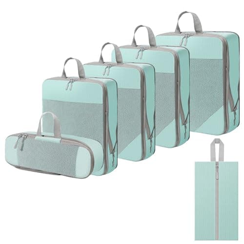 WOOMADA Compression Packing Cubes for Suitcases Travel Essentials 6 Set Rectangle Mesh Expandable Travel Bags Organizer for Luggage(Blue) - Image 1