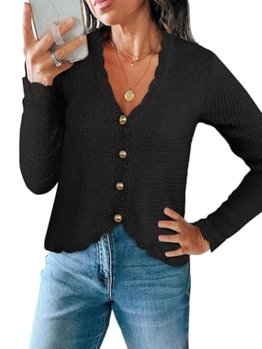 MAOECO Womens Cardigan Sweaters Trendy Cropped Button Up Long Sleeve V Neck Loose Boho Casual Dressy Knit Tops Fall Outfits Fashion 2026 Black L - Image 1