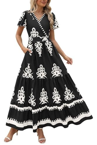 PRETTYGARDEN Womens 2026 Summer Casual V Neck Boho Maxi Dress Flowy Aline Bell Sleeve Tiered Floral Dresses with Pocket (Floral Black White,Small) - Image 1