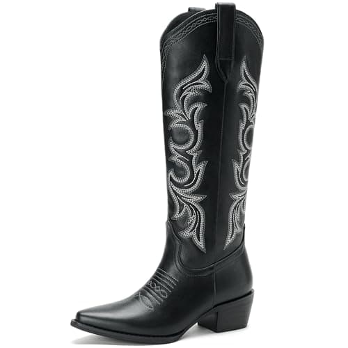 Cozivwaiy Knee High Cowgirl Boots for Women Embroidered Black Cowboy Boots 1.96 Inch Heels Pull on Western Boot Pu Leather Country Concert Tall Boot Zipper Chunky 10.5 - Image 1