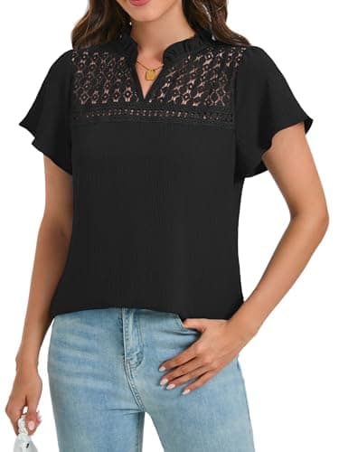 Funlingo Womens Tops Dressy Casual Summer Ruffle Short Sleeve V Neck Blouses Flowy Eyelet Lace Tunic Work Shirts Spring Outfits Black XL - Image 1