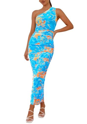PRETTYGARDEN Women's One Shoulder Bodycon Dresses Summer 2026 Ruched Floral Beach Cocktail Wedding Guest Dress(Floral Light Blue,Large) - Image 1