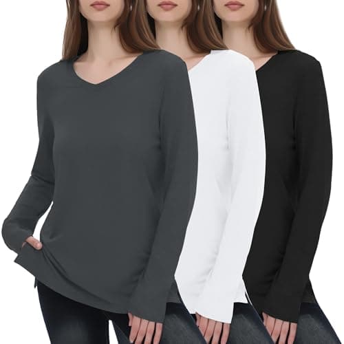 GAYHAY V Neck T Shirts for Women 3 Pack Long Sleeve T-Shirt Basic Tee Winter Thick Casual Soft Loose Fit Layering Tops Fall Thin Outfits 2025 Multipack Black White Grey - Image 1