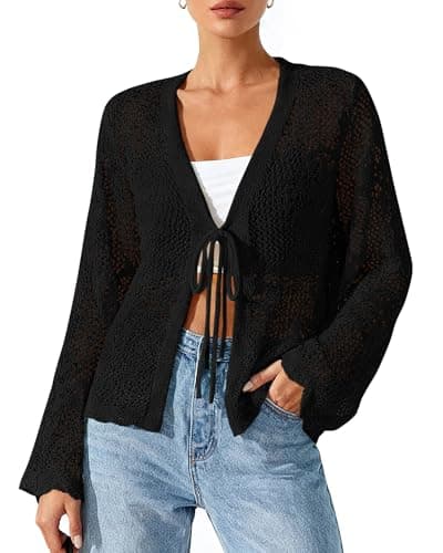 BTFBM Summer Cardigans for Women Lightweight 2026 Spring Crochet Mesh Long Sleeve Tie Front Knit Beach Vacation Outfits(Black, Small) - Image 1