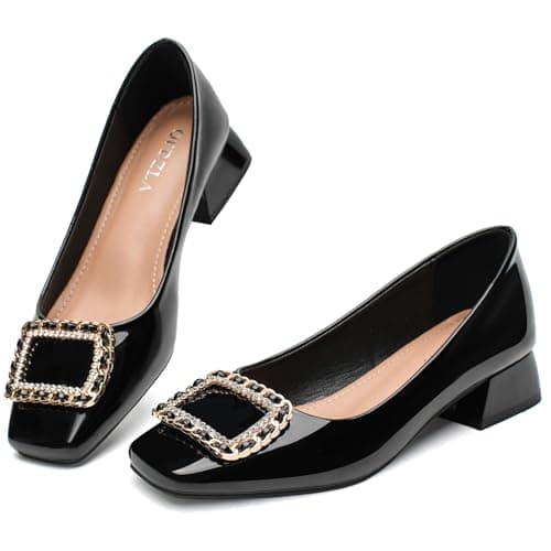 QFDZLA Women's Low Chunky Block Heel Pumps Comfortable Leather Square Toe Dress Shoes Slip On Block Heel for Office Lady Shoes Black Size 8 - Image 1