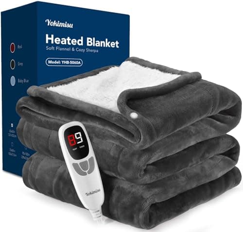 Yokimisu Heated Blanket Throw w/ 2 Wearable Buttons, Soft Flannel & Warm Sherpa Electric Blanket Fast Heating with 9 Heat Levels, 10 Time Settings, Over-Heat Protection, ETL Certified, 50"x60", Grey - Image 1