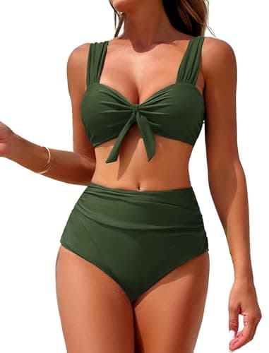 ZAFUL Tummy Control Two Piece Swimsuit Swim Suits for Women 2026 Tie Knot Ruched High Waisted Bikini Sets for Women Army Green S - Image 1