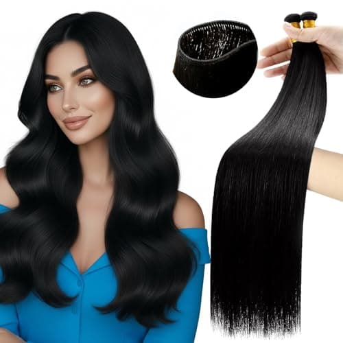 Moresoo Genius Weft Hair Extensions Human Hair Black Remy Hand Tied Sew in Human Hair Extensions Natural Black #1B 20inch 60g - Image 1