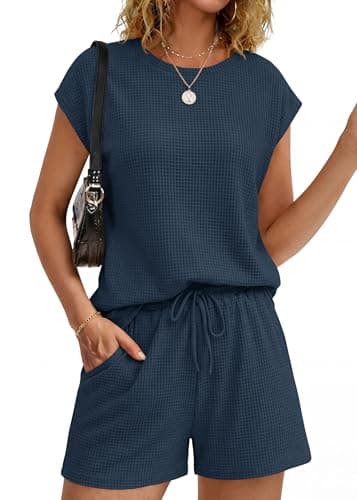 KIRUNDO Waffle Knit Two Piece Sets For Women 2026 Summer Cap Sleeve Lounge Short Set Drawstring Travel Vacation Outfits(Navy Blue, Large) - Image 1