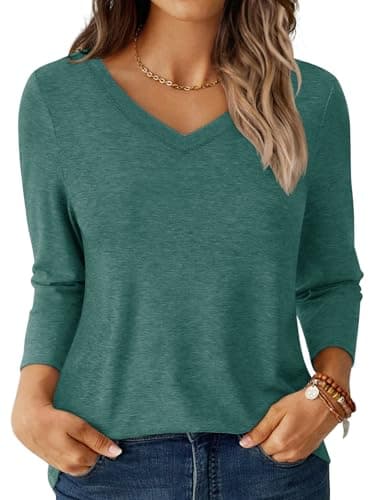 GKBK Womens Tops 3/4 Sleeve Shirts V Neck Casual Blouses Basic Loose Fit Pullover Tshirts Cyan L - Image 1