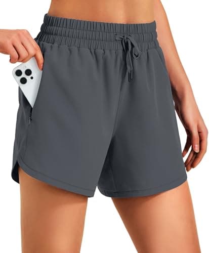 Hugut Women's 5" Athletic Running Shorts Quick Dry Lightweight Comfy Shorts for Walking Gym Workout with Zipper Pockets Dark Grey - Image 1