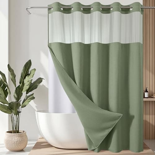 VANZAVANZU Hookless Shower Curtain with Mesh Top and Snap in Waterproof Liner, Waffle Weave, Weighted Magnets Hem, Machine Washable, 72 x 75 Inches – (Green) - Image 1