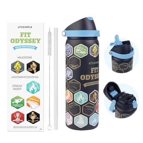 32 oz Motivational Insulated Stainless Steel Water Bottle for Sports, Gym & Travel, 2-in-1 Push-Button Spout & Quick-Flip Straw, Leak-Proof BPA-Free, Keeps Cold 30H, with DIY Fitness Stickers - Image 1