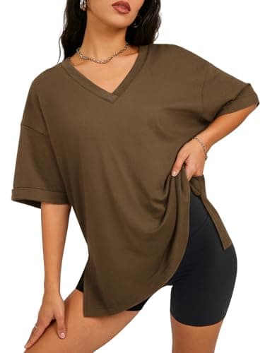 ATHMILE Oversized Tshirts for Women Workout Plus Size Tops V Neck Short Sleeve Side Slit T Shirts 2026 Spring Summer Casual Clothes Brown - Image 1