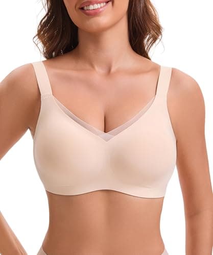 COMFBAY Women's Jelly Wireless Bras, V-Mesh Gel Seamless Comfortable Push-Up Bra, No Underwire Supportive T-Shirt Bralette, Back Smoothing Everyday Padded Bra, Full Coverage Bra, Nude, L - Image 1