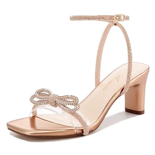 Athlefit Women's Rhinestone Bow Heels Open Square Toe Block Low Heel Sandals Dressy Buckle Heeled Champagne Prom Heels Size 8 - Image 1