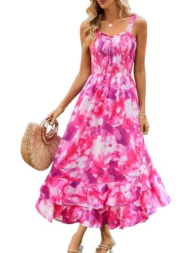 GRACE KARIN Women's 2025 Summer Floral Boho Dress Square Neck Strapped Swing A Line Sundress Beach Long Maxi OutfitsRose Purple 2XL - Image 1