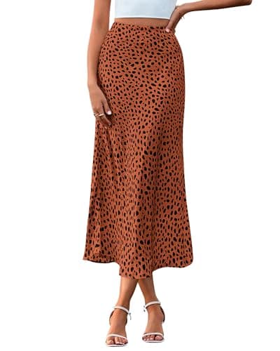 BTFBM Satin Skirts for Women Trendy Spring Summer 2026 High Waisted Leopard Print Cocktail Wedding Long Silk Midi Skirt(Dot Brick Red Black, X-Large) - Image 1