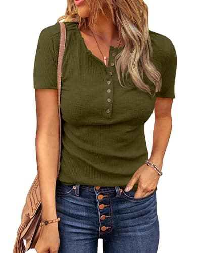 BTFBM Womens Tops 2026 Spring Summer Top Henley V Neck Short Sleeve Button Slim Fit Casual Ribbed Shirts Blouses Outfits(Army Green, Medium) - Image 1