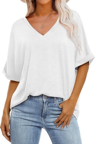 GKBK Womens Oversized Shirts Loose Fit Short Sleeve Summer Casual Tops White L - Image 1