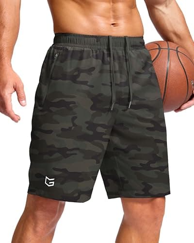 G Gradual Men's Athletic Running Shorts with Zipper Pockets Quick Dry 7"/ 5"/ 9" Workout Gym Shorts for Basketball Hiking(Green Camo,9M) - Image 1