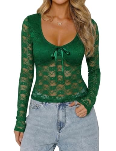 LOMON Womens Long Sleeve Going Out Tops Sexy Lace Date Night Shirts See Through Cute Clothes(Green, X-Large) - Image 1