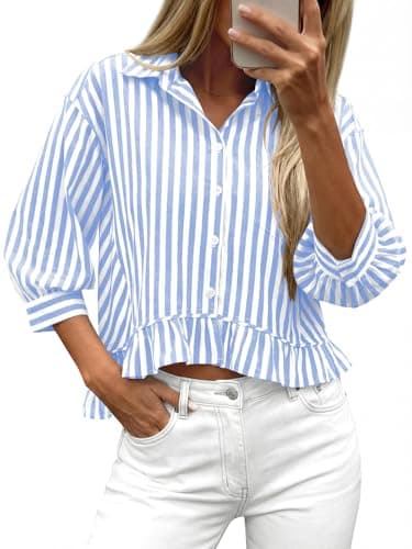 PRETTYGARDEN Women's Business Casual Tops V Neck Button Up Shirts Women Lapel Collared 3/4 Sleeve Striped Ruffle Crop Y2k Top (White Blue Striped, XX-Large) - Image 1