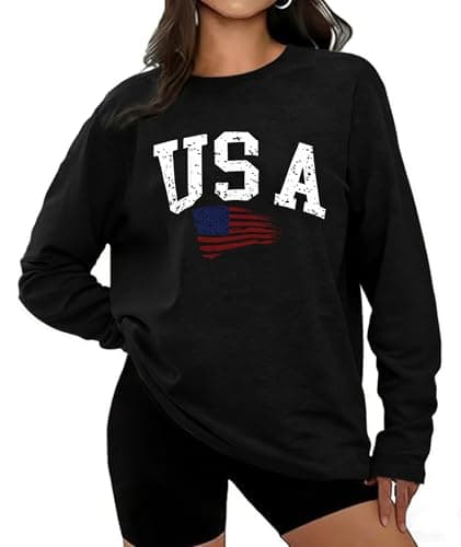KESIHAN Women USA American Flag Shirt Long Sleeve Graphic Tees for Women Casual Crew Neck Top - Image 1