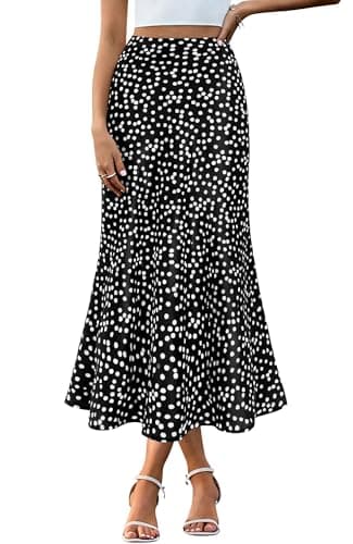 BTFBM Satin Skirts for Women 2025 Fall High Waisted A-Line Leopard Print Cocktail Wedding Long Silk Summer Midi Skirt(Polka Dot Black White, Large) - Image 1