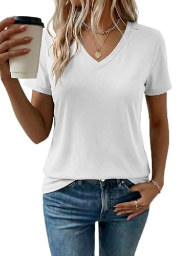 LaGracia Women's Cotton T Shirt V-Neck Short Sleeve Shirt Classic-Fit Casual Breathable Tee Summer Basic Tops White M - Image 1
