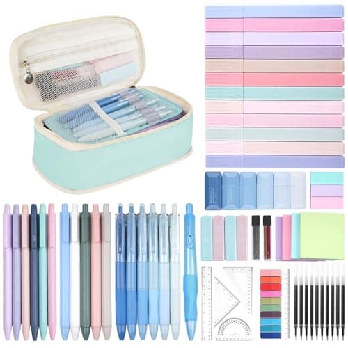 65Pcs Aesthetic School Supplies with Cute Pencil Case, 12 Pastel Highlighters, 10 Black Ink Gel Pens, Mechanical Pencils, Sticky Note Ruler Correction Tape for College Essentials Stationary Gift, Blue - Image 1