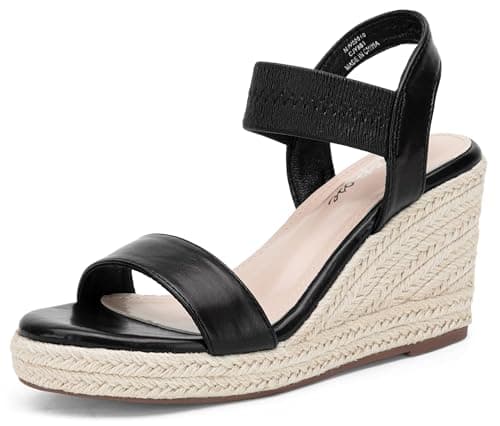 Vepose Women's Black Pu Wedge Sandals, Platform Espadrilles Slip On Open Toe with Faux Leather Ankle Strap, Comfortable 3.5 Inches Low Heel Summer Dressy 881 Shoess Size 6 (CJY881 blackpu 06) - Image 1