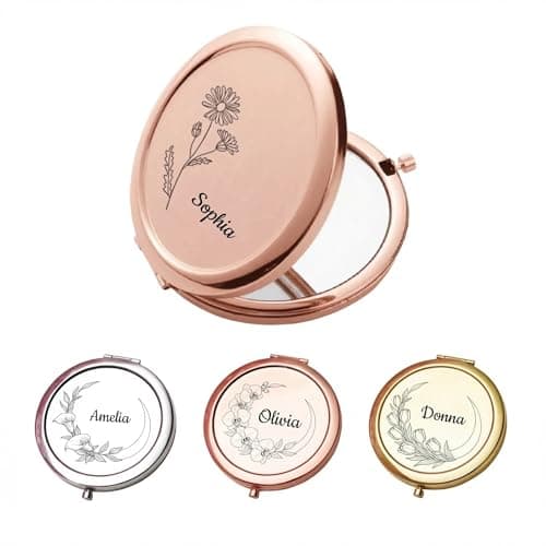 CHENGXINXINXI Personalized Engraved Pocket mini Makeup Mirror, with Personalized Birth Flowers and Name. Suitable for Travel, Brides, Bridesmaids, and Girlfriends as a Gift. - Image 1