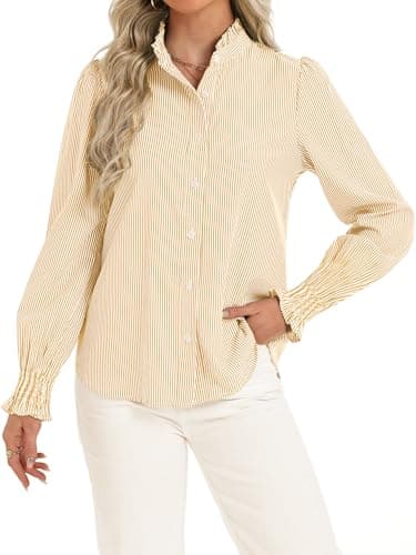Funlingo Womens Smocked Cuffed Striped Boyfriend Shirt Spring Long Sleeve Button Down Blouses Dressy Casual Oversized Collared Office Work Tops Yellow White L - Image 1