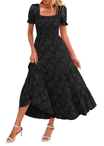 Lazysmile Women's Summer Boho Floral Maxi Dress Short Sleeve Square Neck Smocked Ruffle Elegant Wedding Guest Dress Black - Image 1